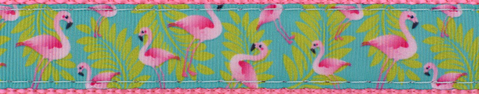 Country Brook Design flamingos ribbon on pink nylon webbing ideal for decorative straps.