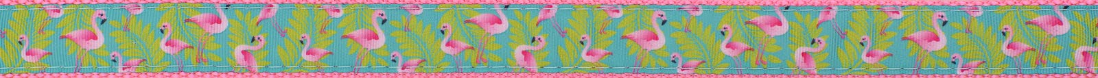 Country Brook Design flamingos ribbon on pink nylon webbing close-up shows vibrant color.