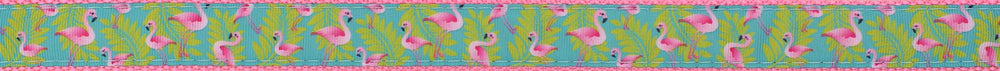 Country Brook Design flamingos ribbon on pink nylon webbing close-up shows vibrant color.