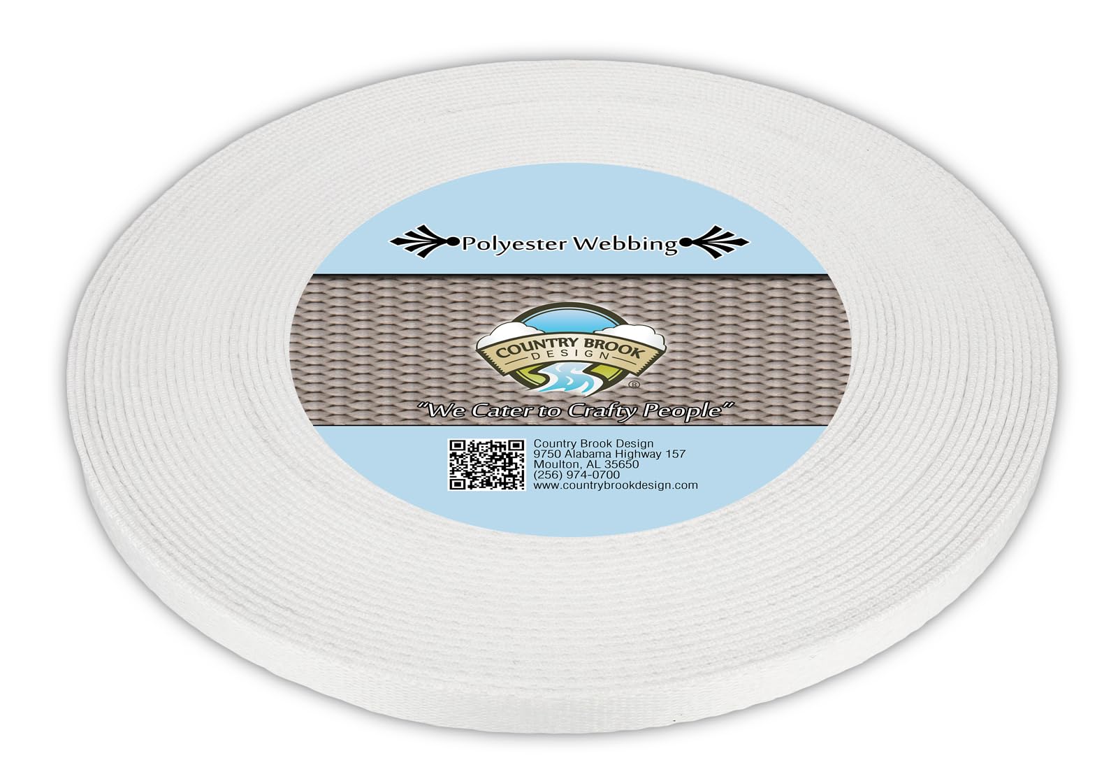 Country Brook Design half-inch heat-set polyester webbing spool ready for sublimation