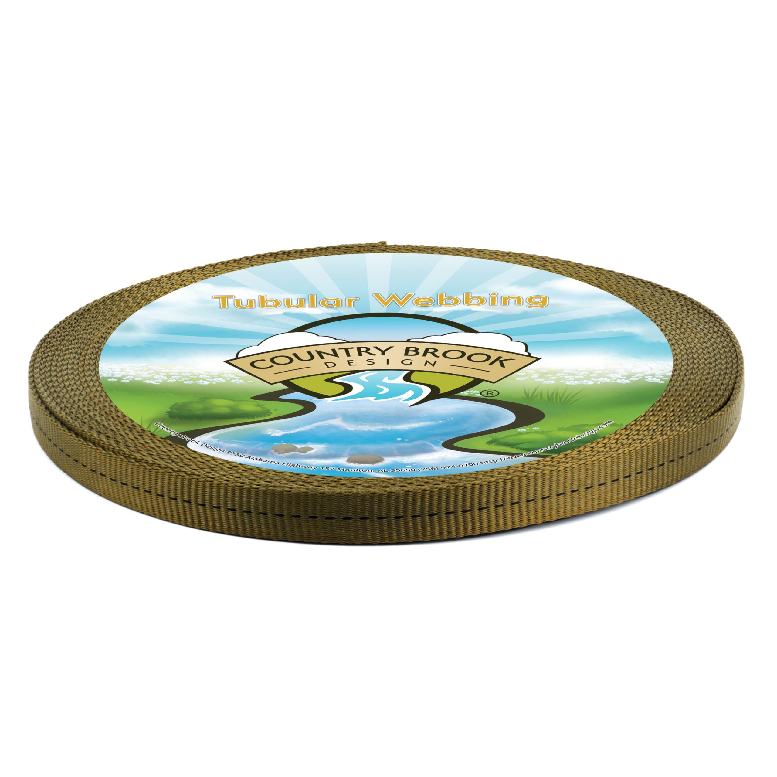 Country Brook Design half-inch olive drab tubular nylon webbing rolled for storage and quick use.