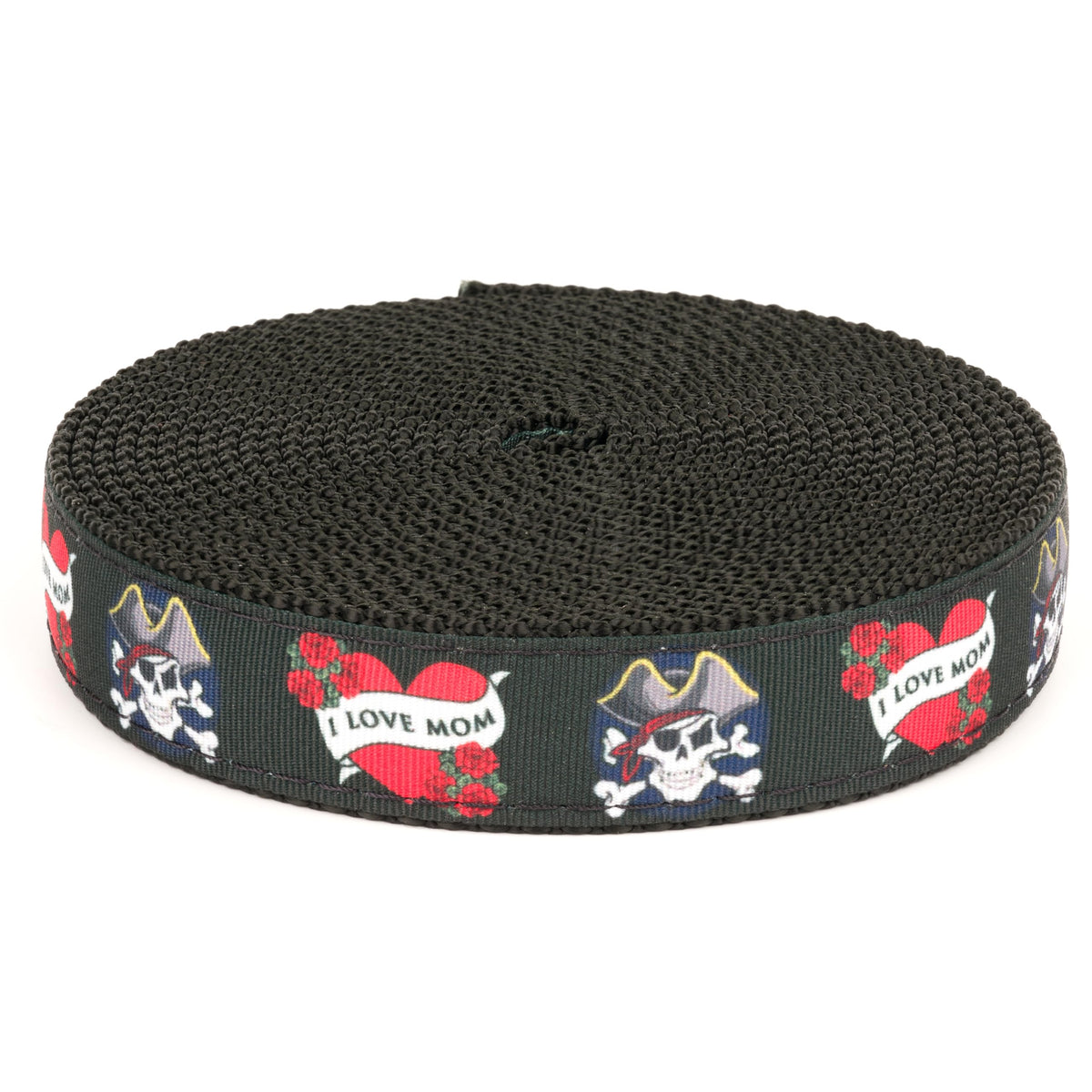 Country Brook Design I Love Mom ribbon on black nylon webbing, durable for everyday crafts.