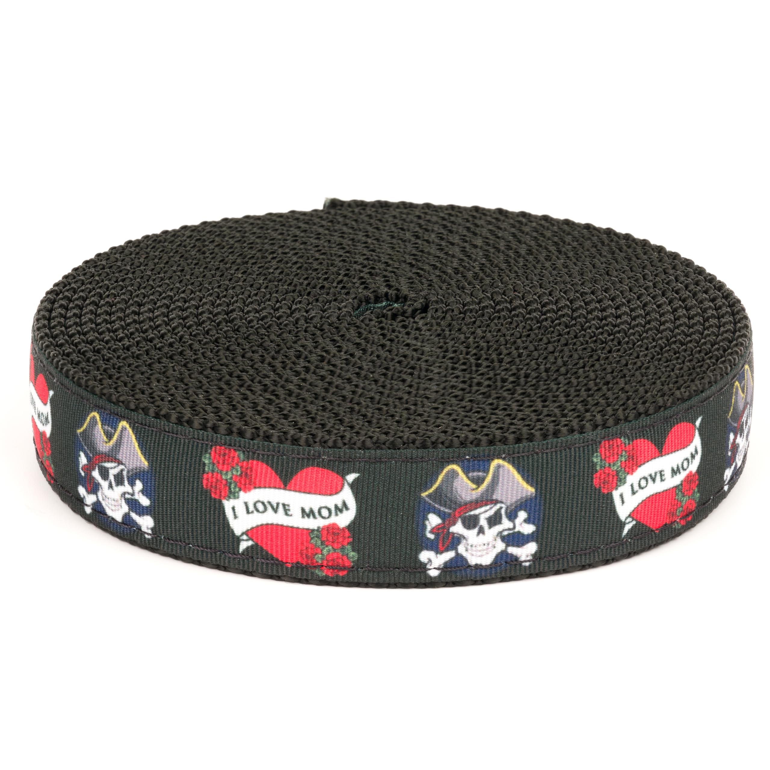 Country Brook Design I Love Mom ribbon on black nylon webbing for durable crafts.