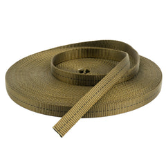 Country Brook Design olive drab green tubular webbing roll demonstrates ready-to-use length for projects.