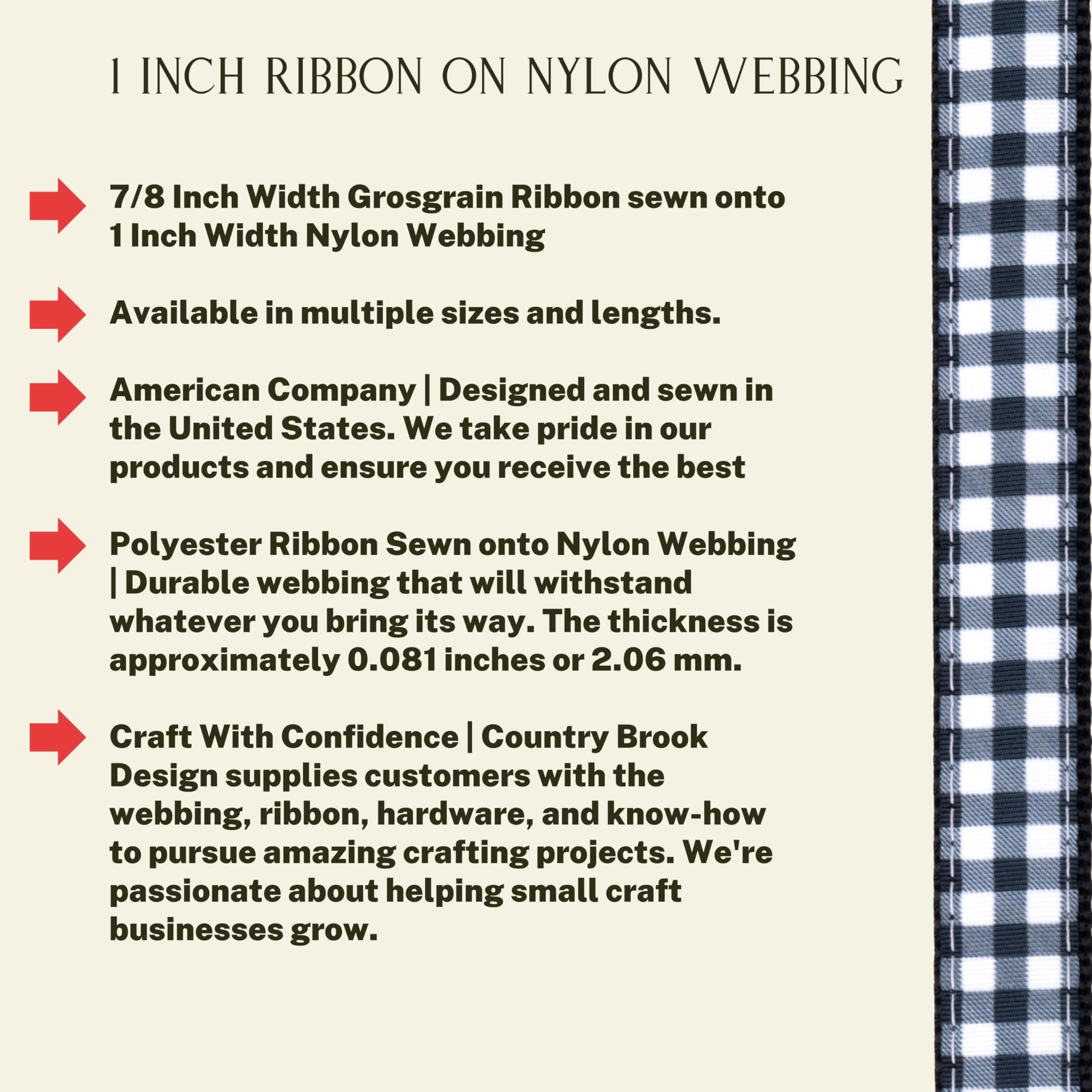 Country Brook Design ribbon sewn onto nylon webbing with soft touch