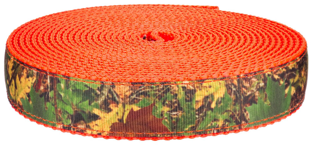 Country Brook Design Southern Forest Camo on neon orange nylon webbing—durable 3/4 inch, great for gear projects.