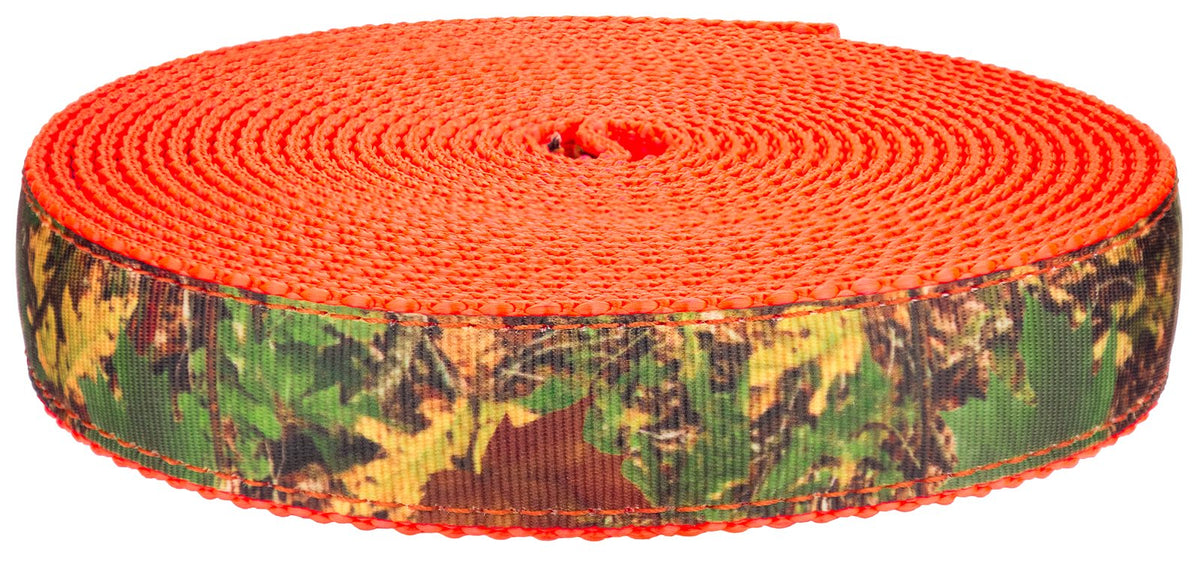 Country Brook Design Southern Forest Camo on neon orange nylon webbing—durable 3/4 inch, great for gear projects.