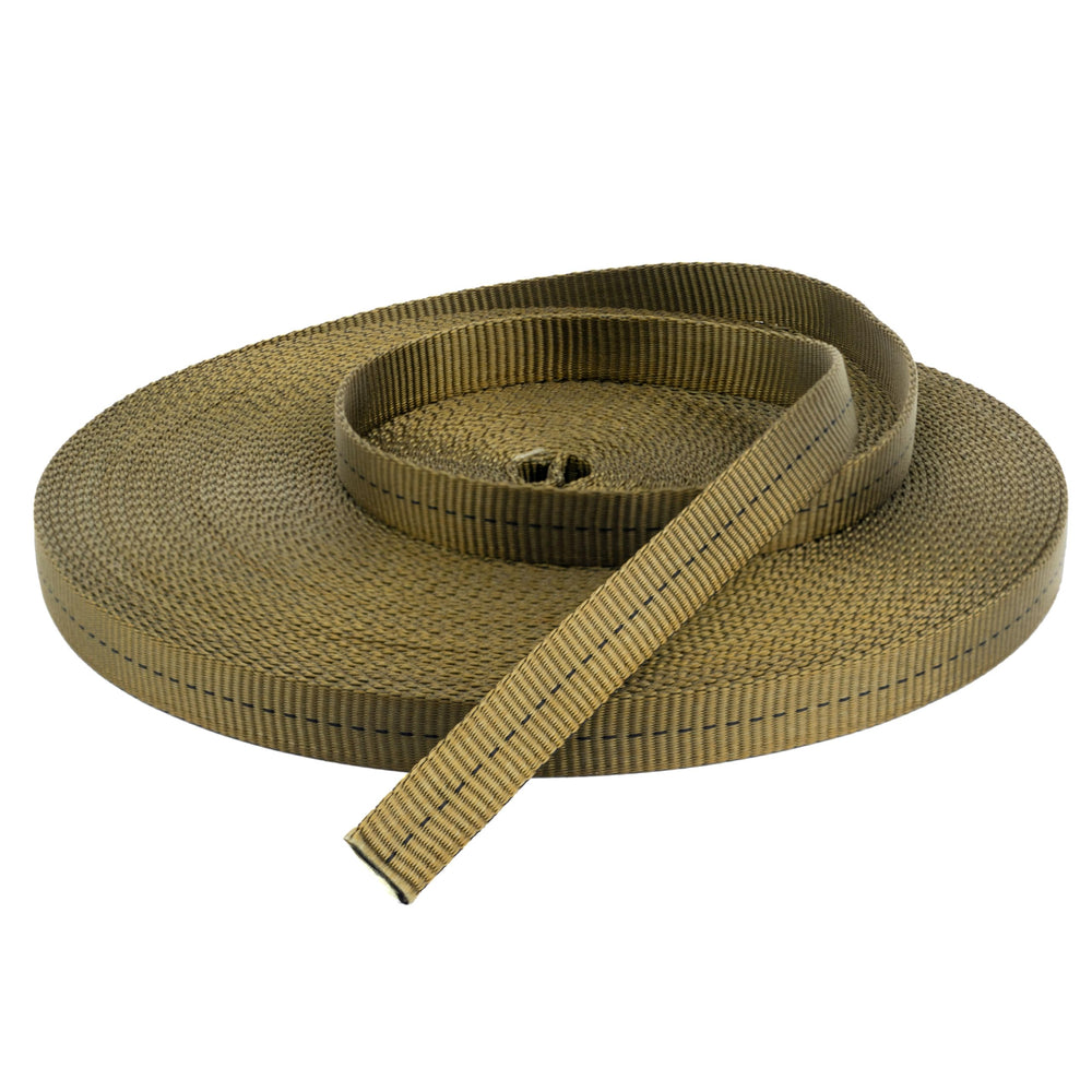 Country Brook Design tubular nylon webbing in olive drab ready for rock climbing setups.