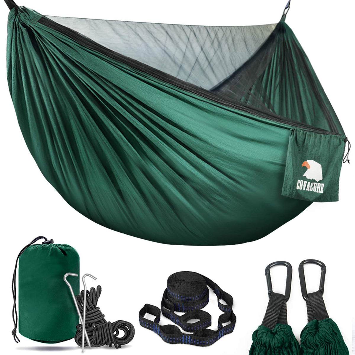 Covacure camping hammock features tear-resistant parachute nylon for rugged outdoor use.