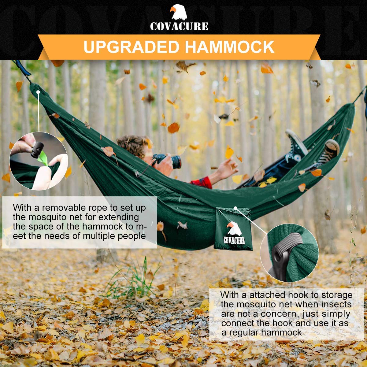 Covacure hammock net provides bug protection for relaxed outdoor rest.