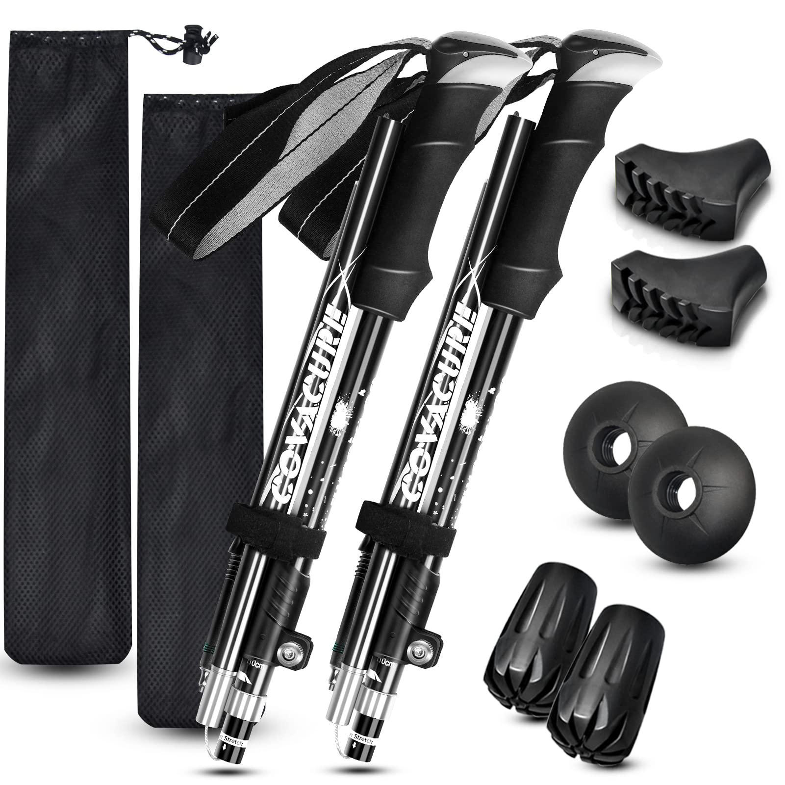 Covacure hiking poles extended length for adjustable support during climbs.