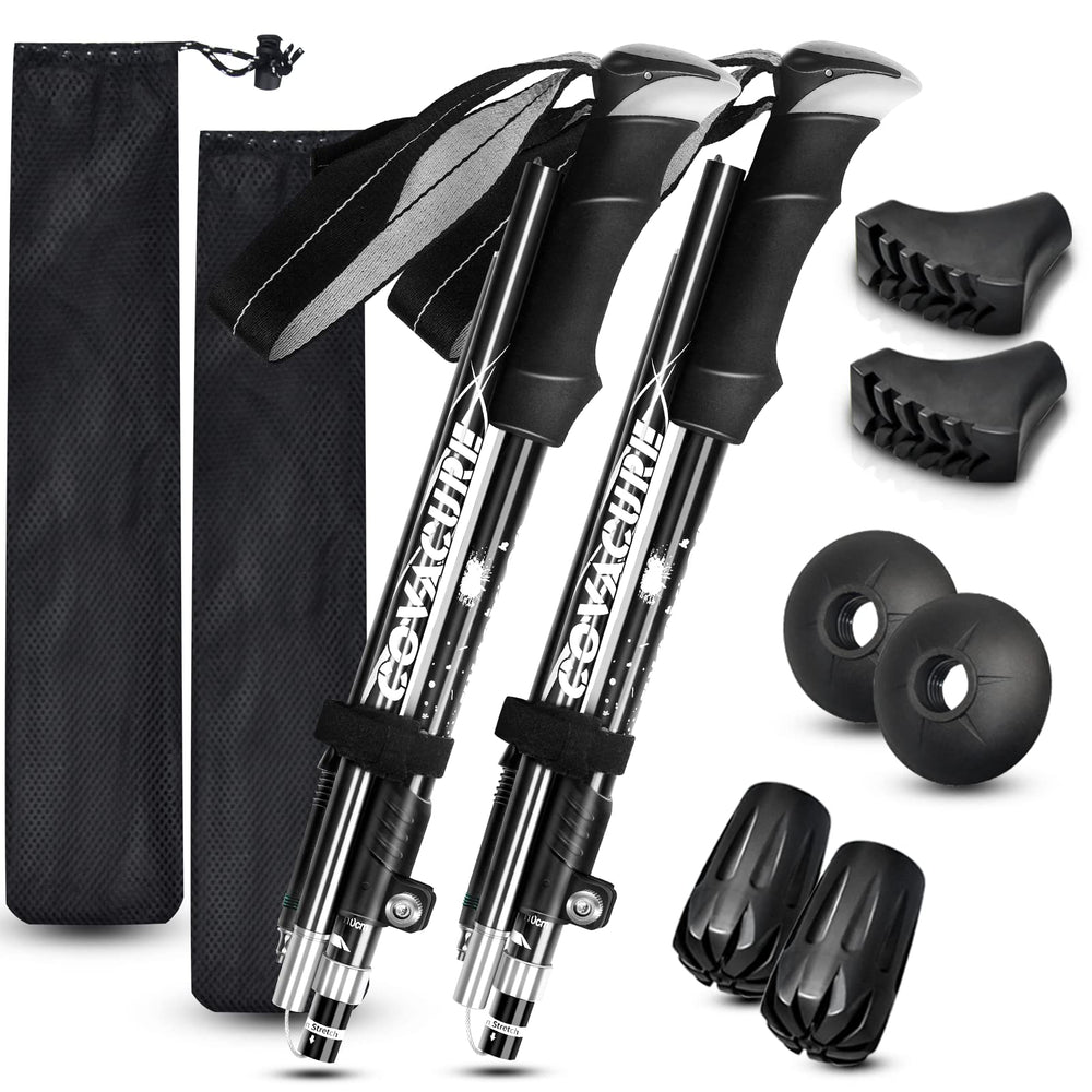 Covacure hiking poles extended length for adjustable support during climbs.