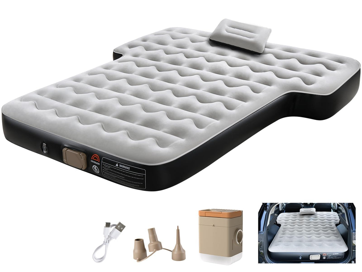 Coverado SUV air mattress with built-in pump inflates quickly for easy car camping