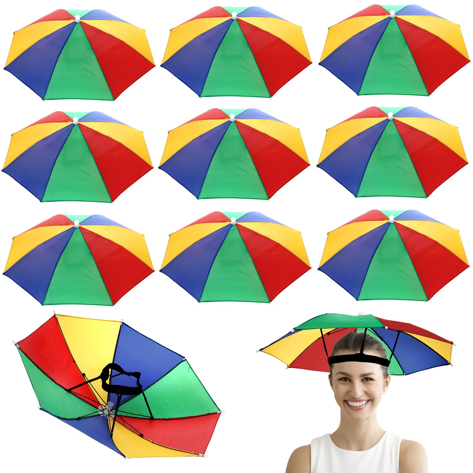 Covzoe 10-pack Rainbow Umbrella Hats opened on a table