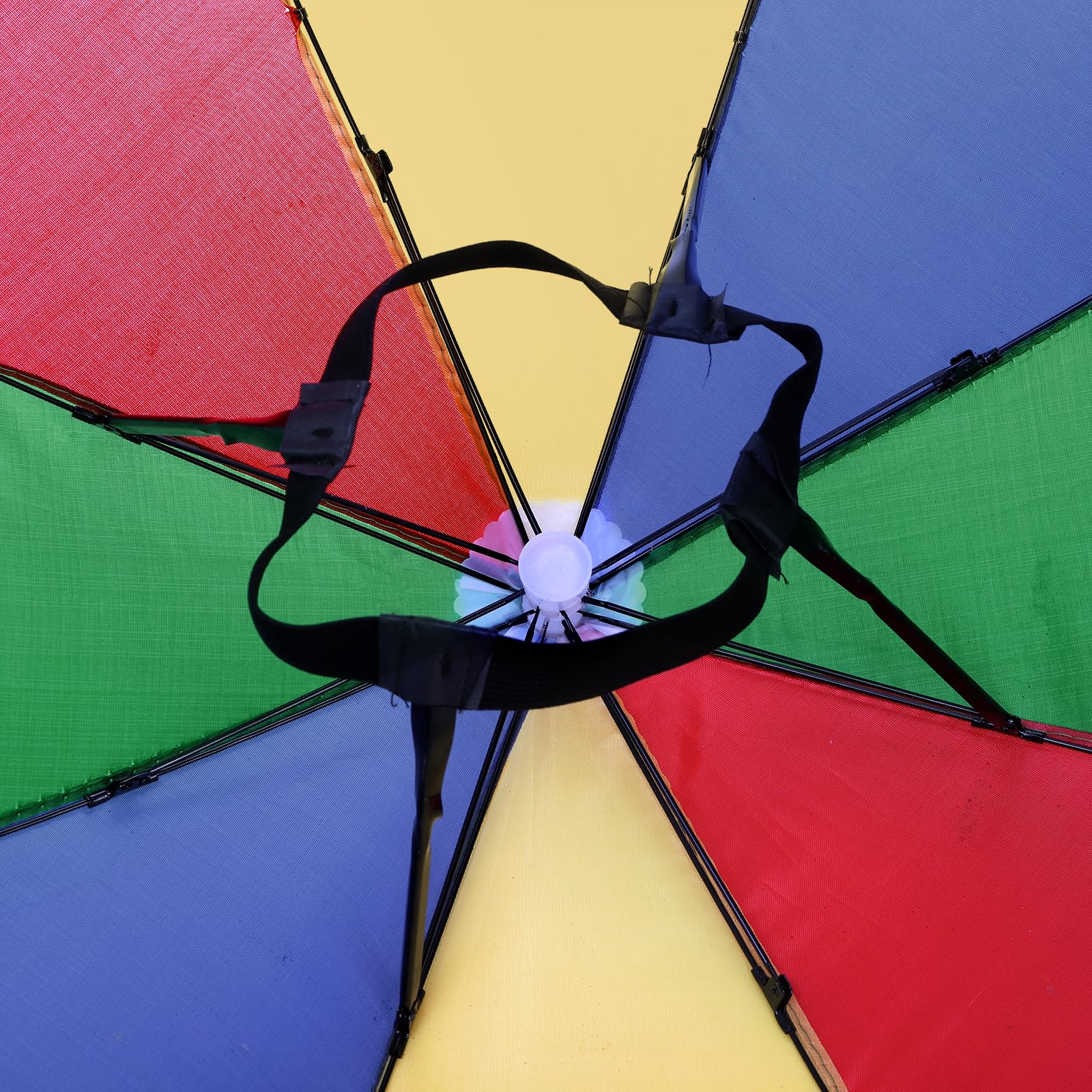 Close-up of elastic headband on Covzoe rainbow umbrella hat