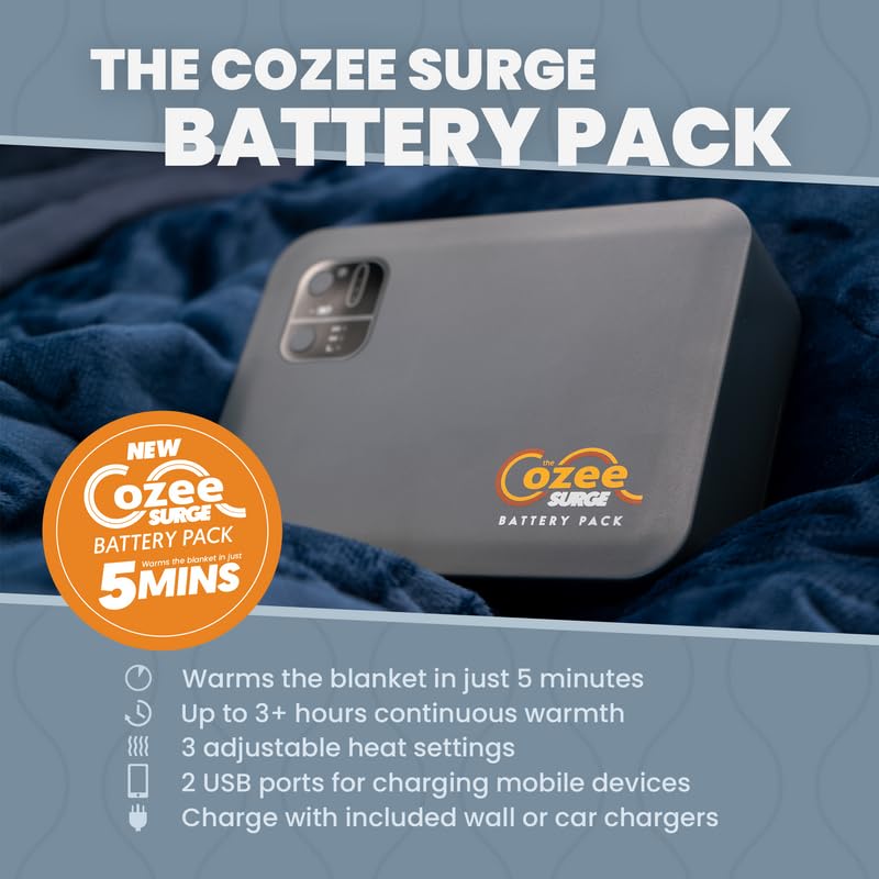 Cozee blanket with two USB ports powers devices while staying warm during travel.