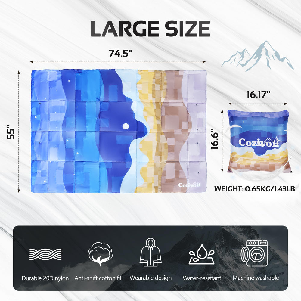 Cozivo camping blanket pillow-form demonstrates instant, compressible comfort for roadside rests.