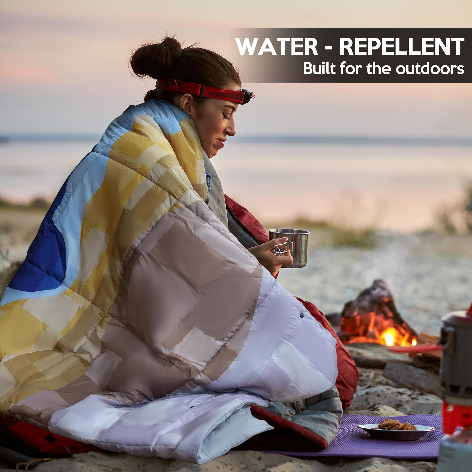Cozivo camping blanket waterproof-shell highlights lightweight rain protection on outdoor trips.
