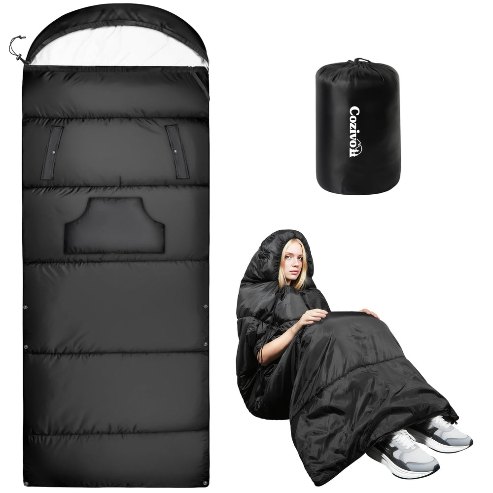 Cozivo sleeping bag with wearable hood on user demonstrates versatile warmth in a tent