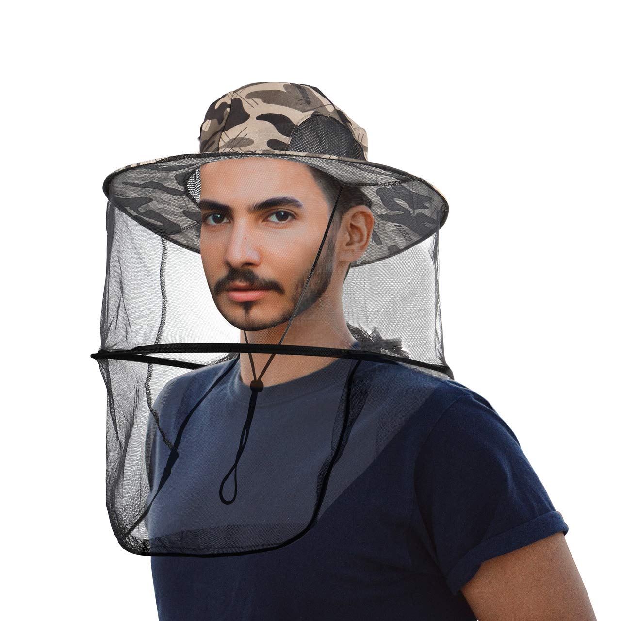 CozyCabin mosquito head net hat in gray camouflage – front view with hidden mesh