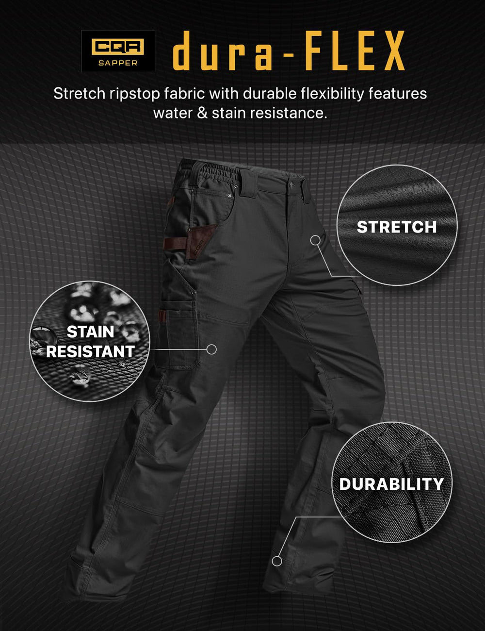 CQR black durable stitching close-up signals long-lasting construction.
