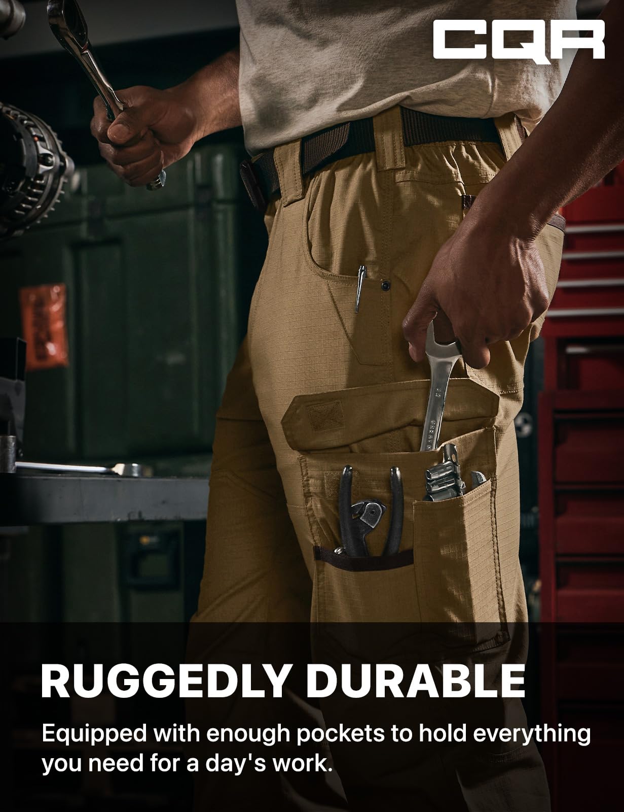 CQR Dura Flex Cougar pants close-up highlighting durable material and rugged touch