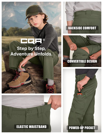 CQR Kids hiking cargo pants army green color blends with nature.