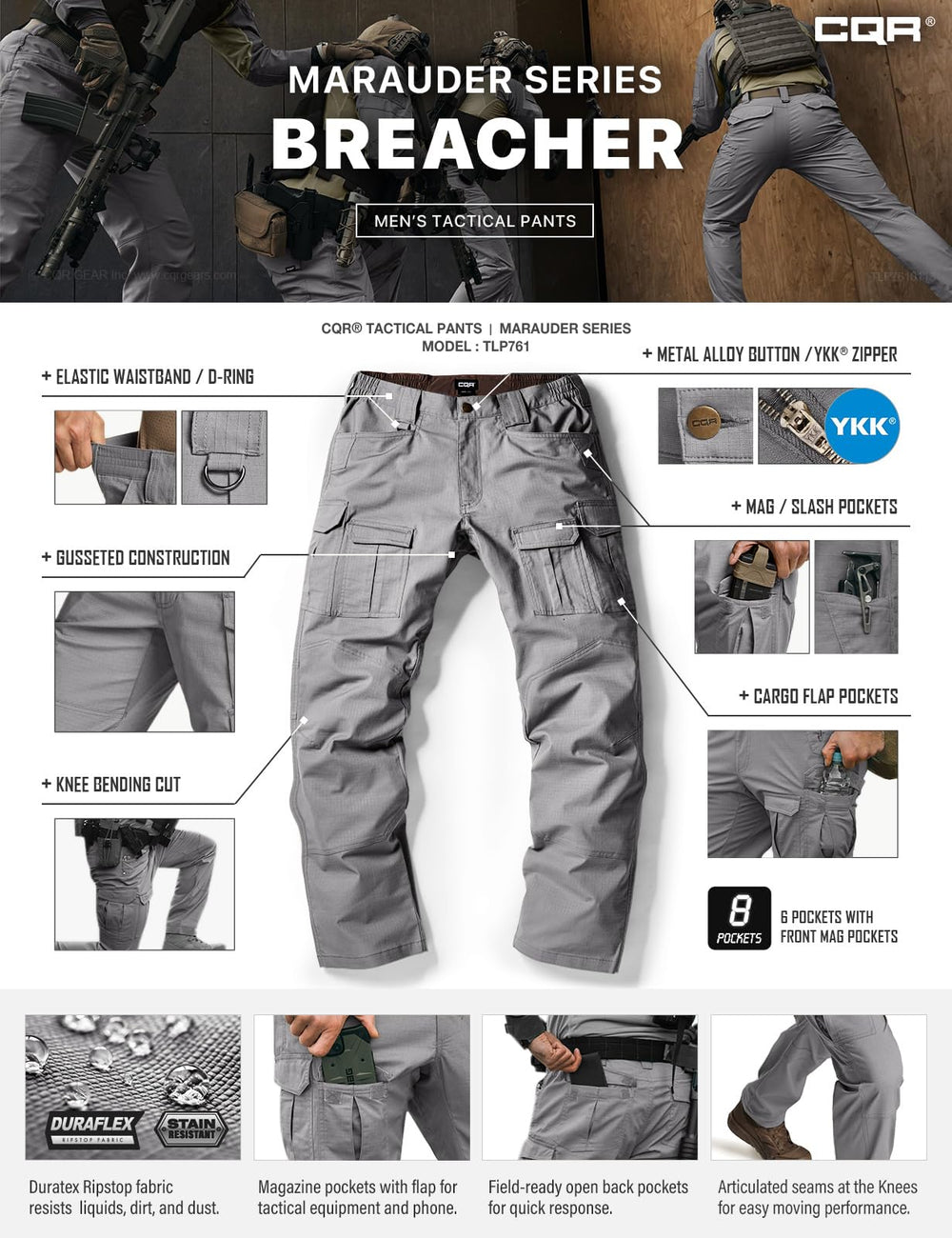 CQR flex ripstop pants action-use image suggests performance in tough environments