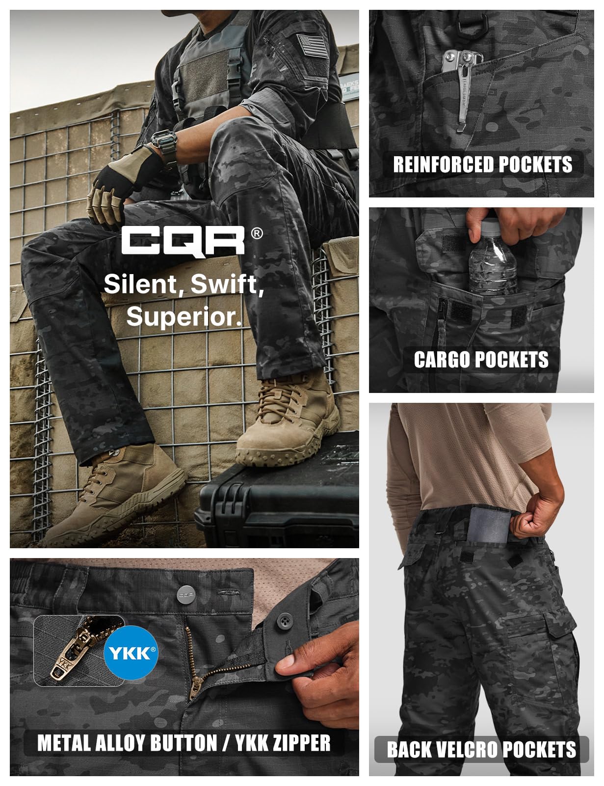 CQR Men's Flex Stretch intense camo texture closeup adds rugged style