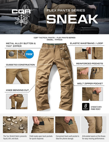 CQR Men's Flex Stretch Pants shown in hiking and climbing scenarios