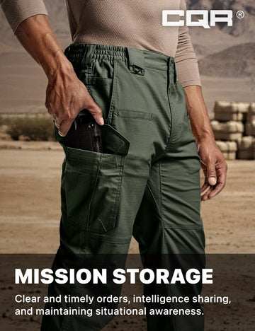 CQR reinforced-stitching on tactical pants for rugged environments.