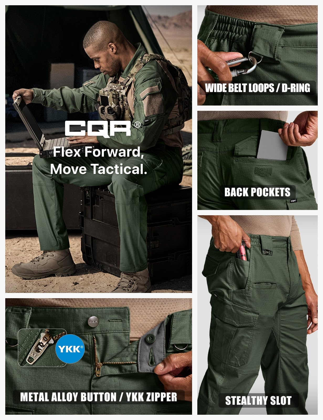 CQR ripstop fabric detail on pants designed for durable outdoor use.