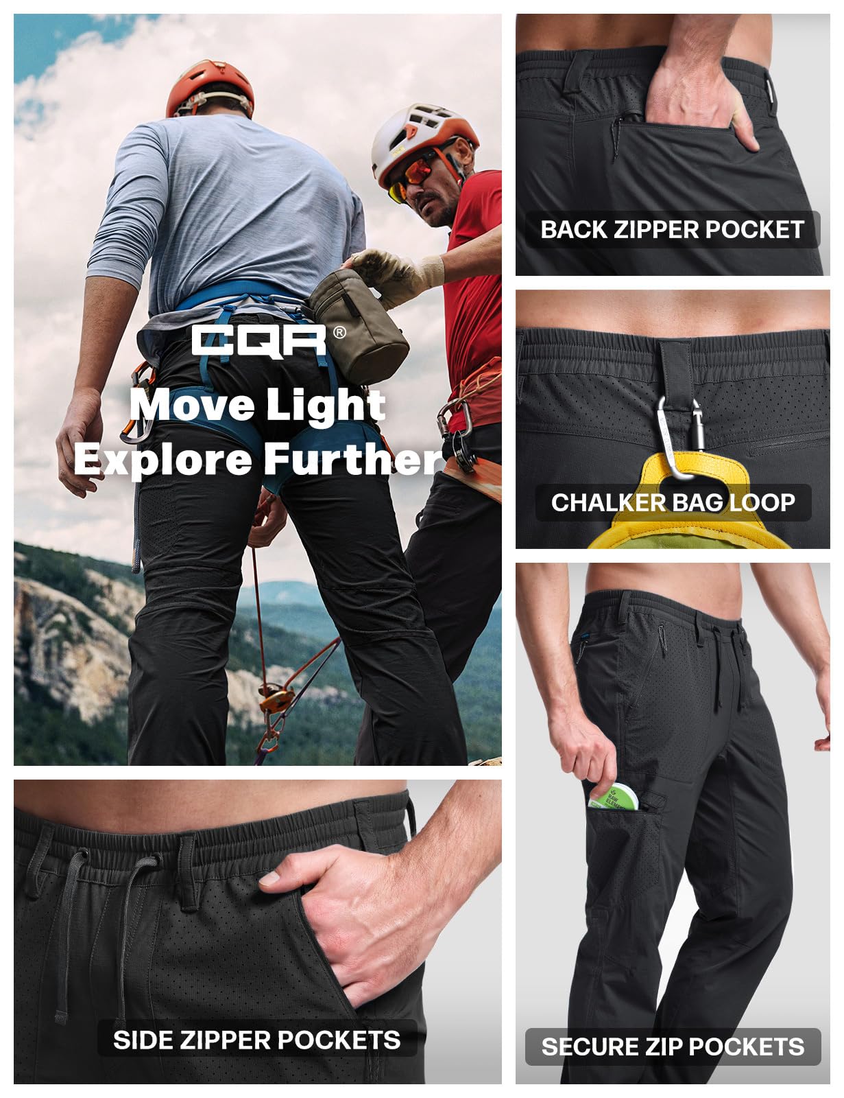 CQR Men's Hiking Pants Durable stitching Ascend Peak Black long-lasting wear