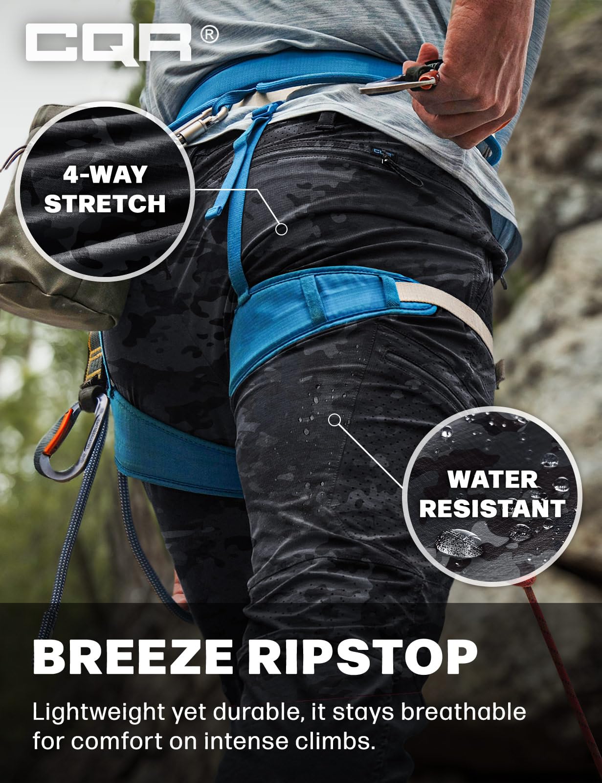 CQR Ascend Peak pants elastic waist provide secure, flexible fit.