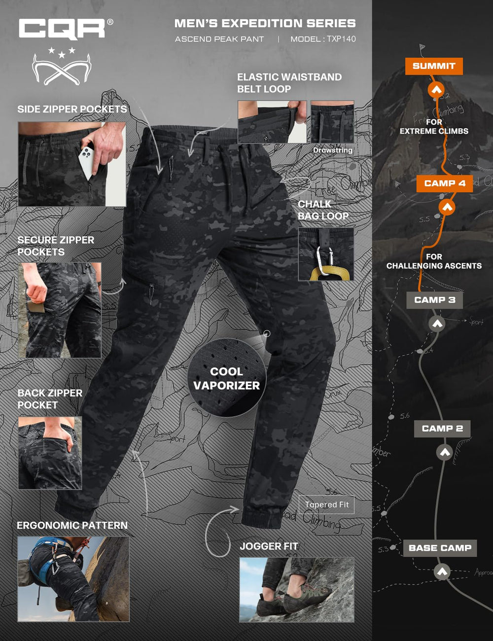 CQR Ascend Peak camouflage pants showing rugged outdoor style
