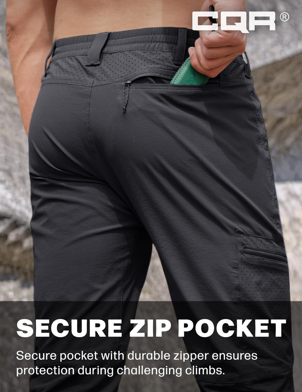 CQR men's hiking pants polyester-spandex blend close-up for durability and stretch.