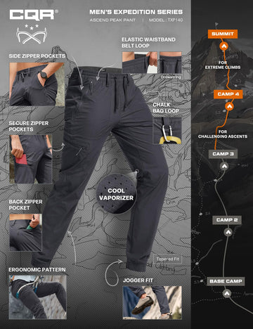 CQR men's hiking pants Ascend Peak branding adds rugged outdoor appeal.
