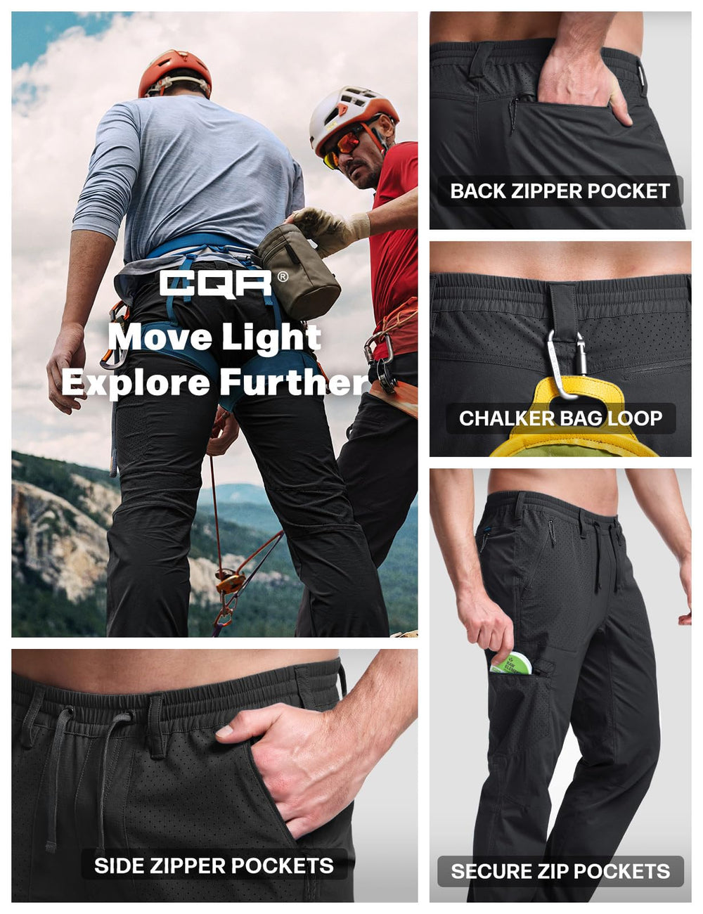 CQR pants paired with hiking boots for durable outdoor performance.