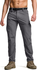 CQR men's quick dry tactical pants belt view shows secure fit during hikes.