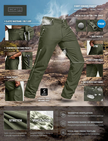 CQR men's quick dry tactical pants green color closeup for outdoor versatility.
