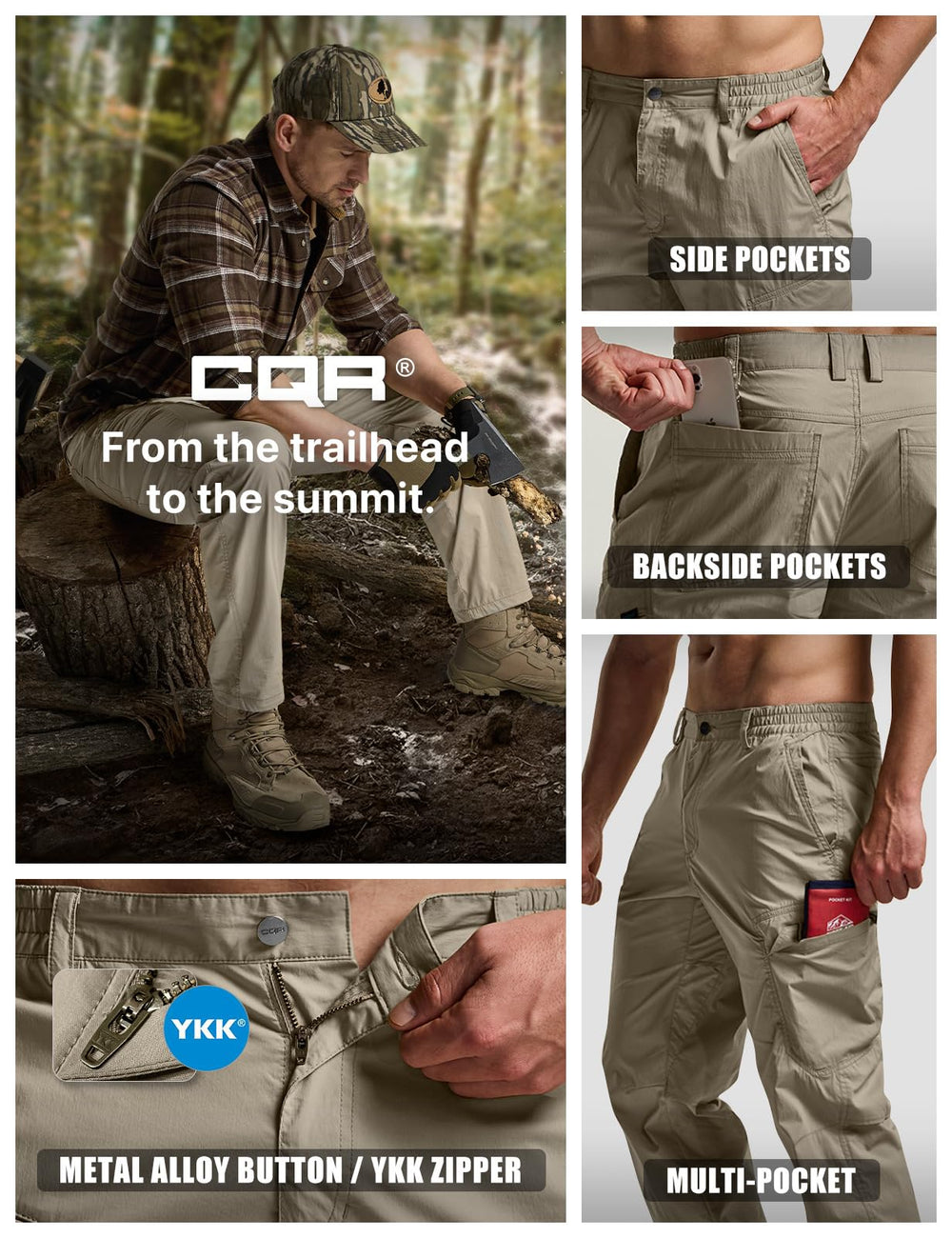 CQR pants in action during climbing, flexible waistband and movement