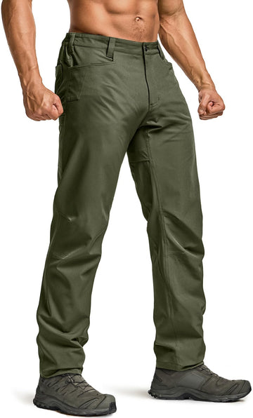 CQR Men's Quick Dry Tactical Pants shown in outdoor settings for hiking and cycling.