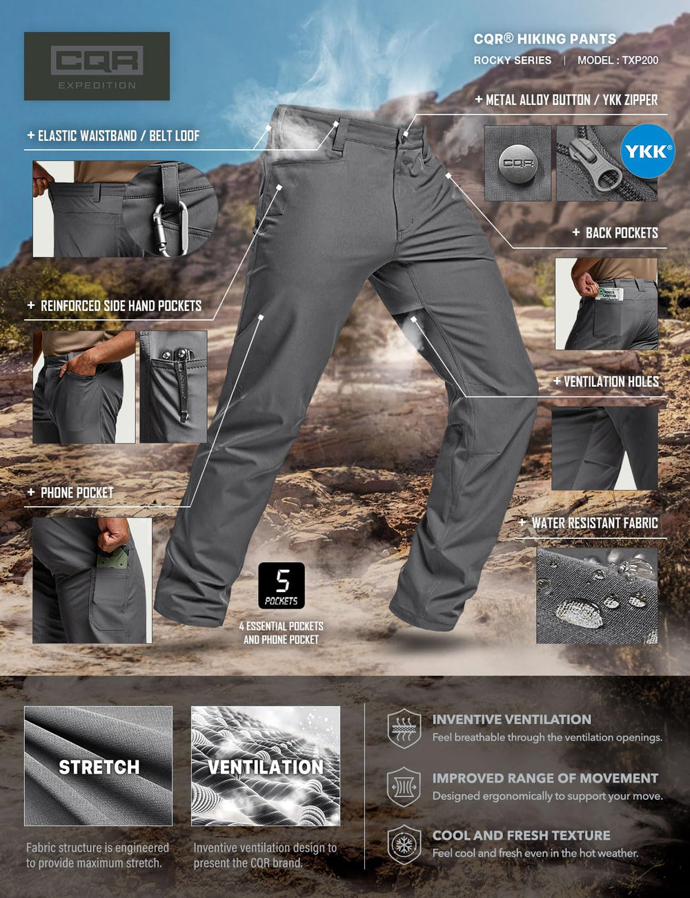 CQR Men's Quick Dry Tactical Pants water-resistant material suitable for light rain.