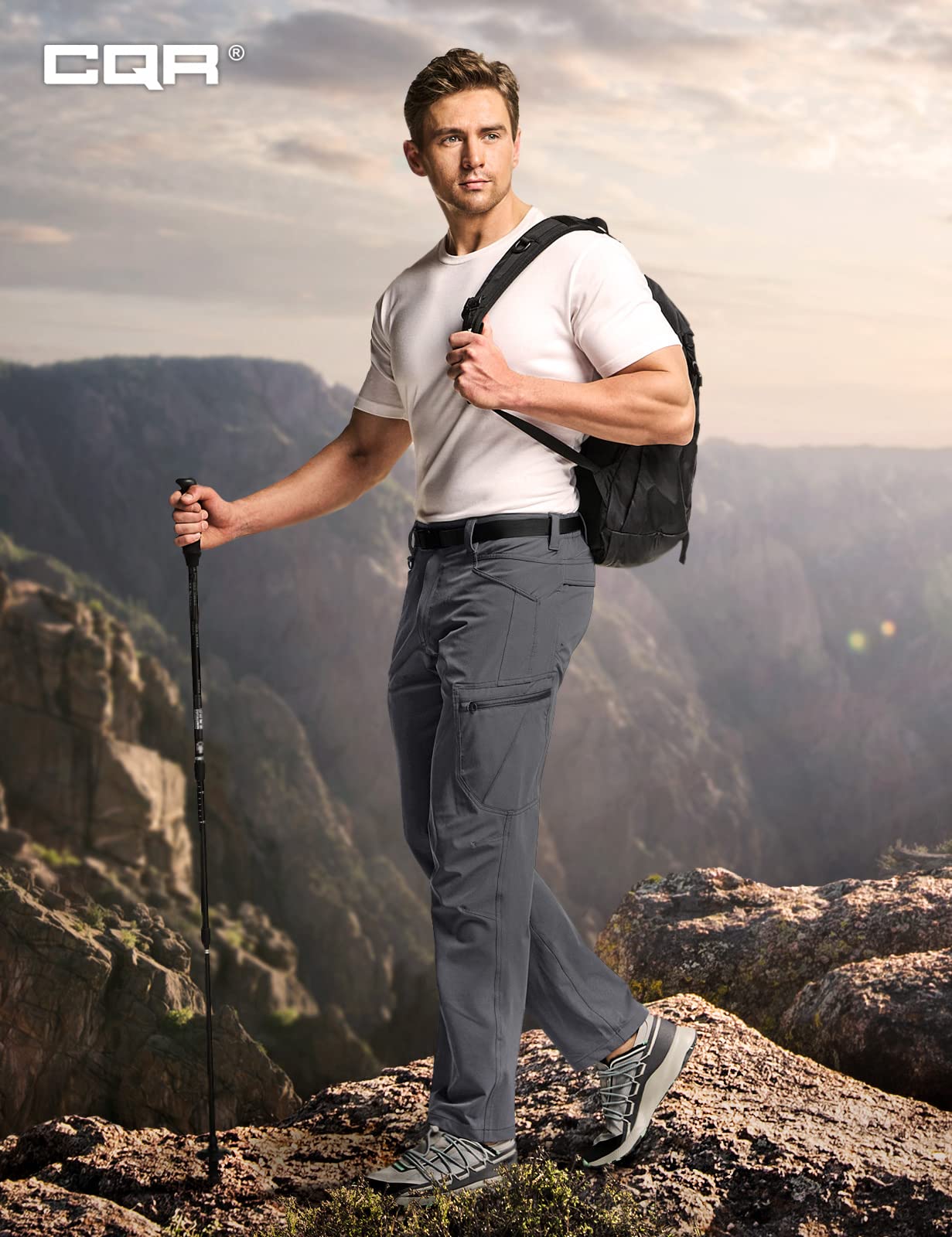 CQR men's quick dry tactical pants zipper-closure demonstrates adjustable fit.