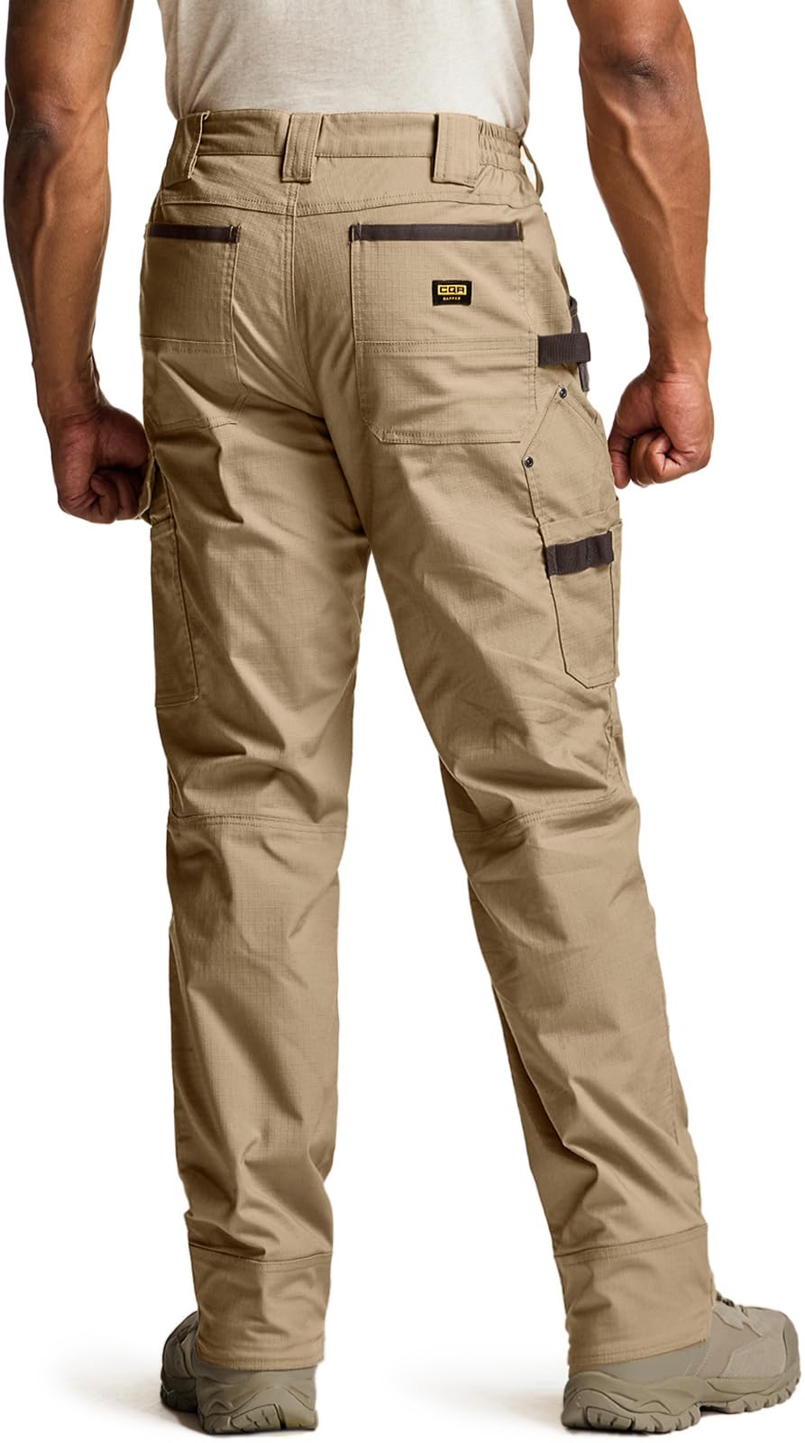CQR men’s quick-dry work pants back view highlighting rugged seat and cargo pockets