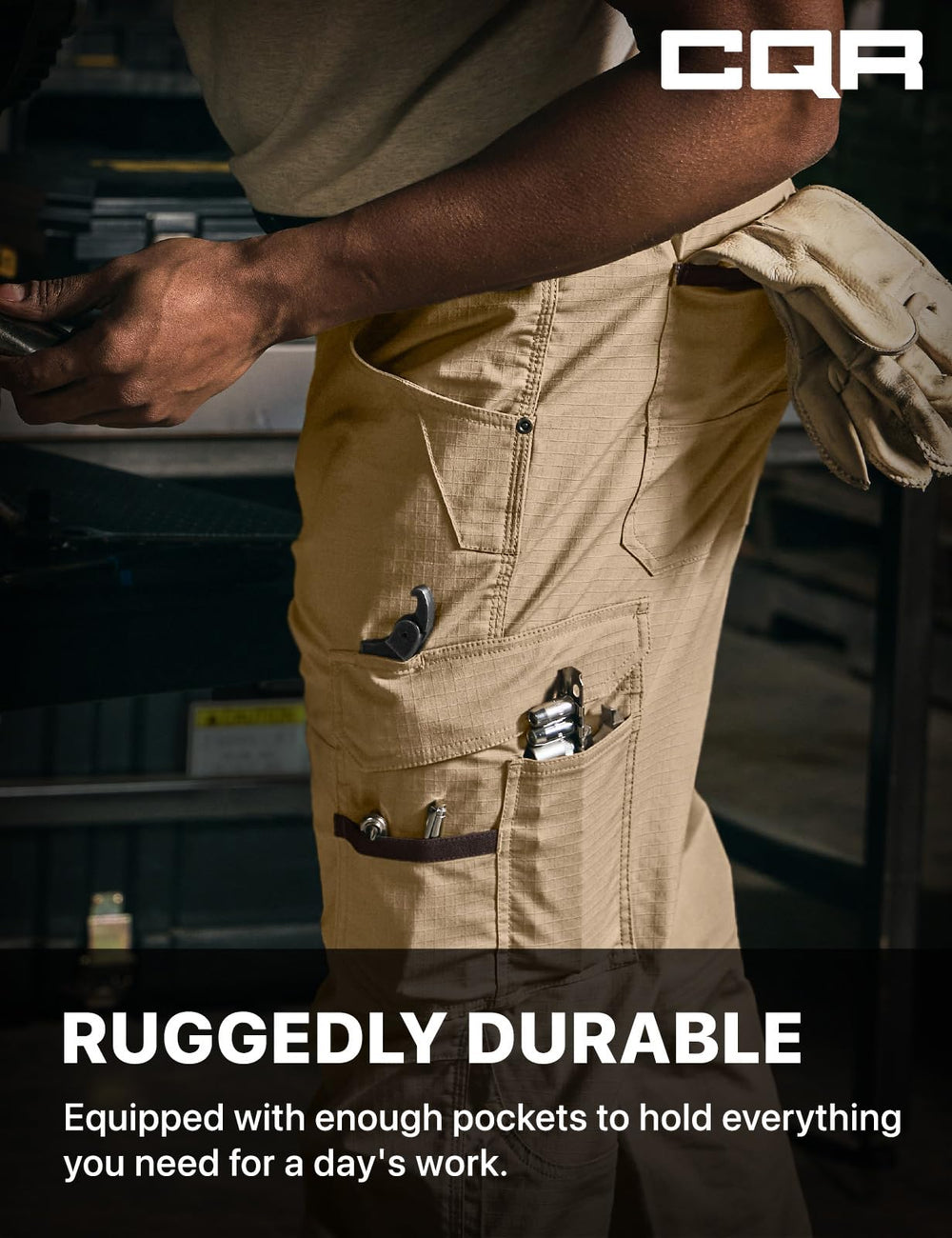 CQR pants belt area with reinforced belt loops for durability