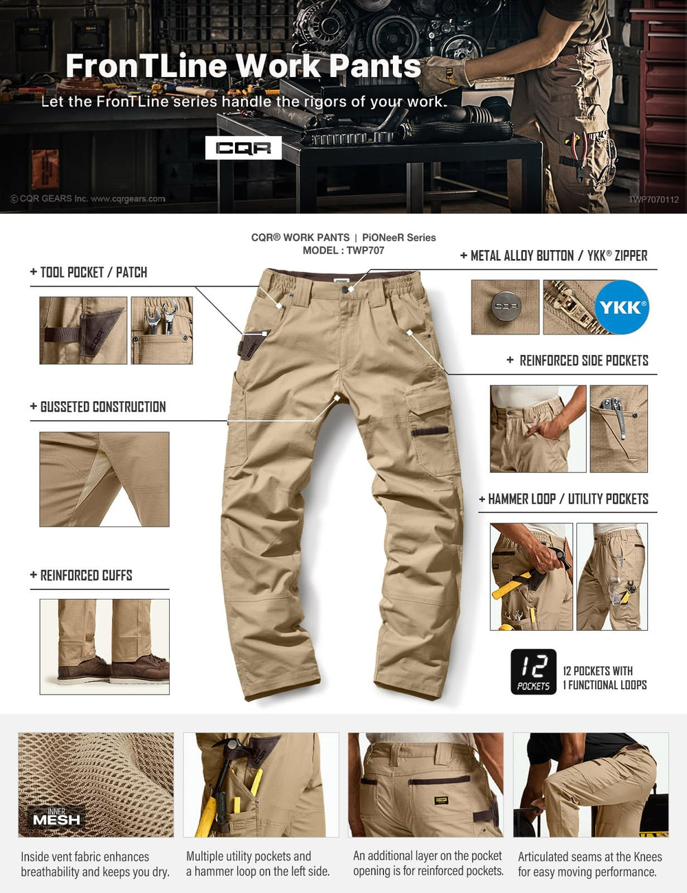 CQR pants stretch-fabric close-up for flex during activities
