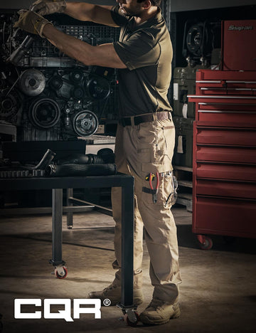 CQR men's quick dry work pants back pocket detail with secure storage.