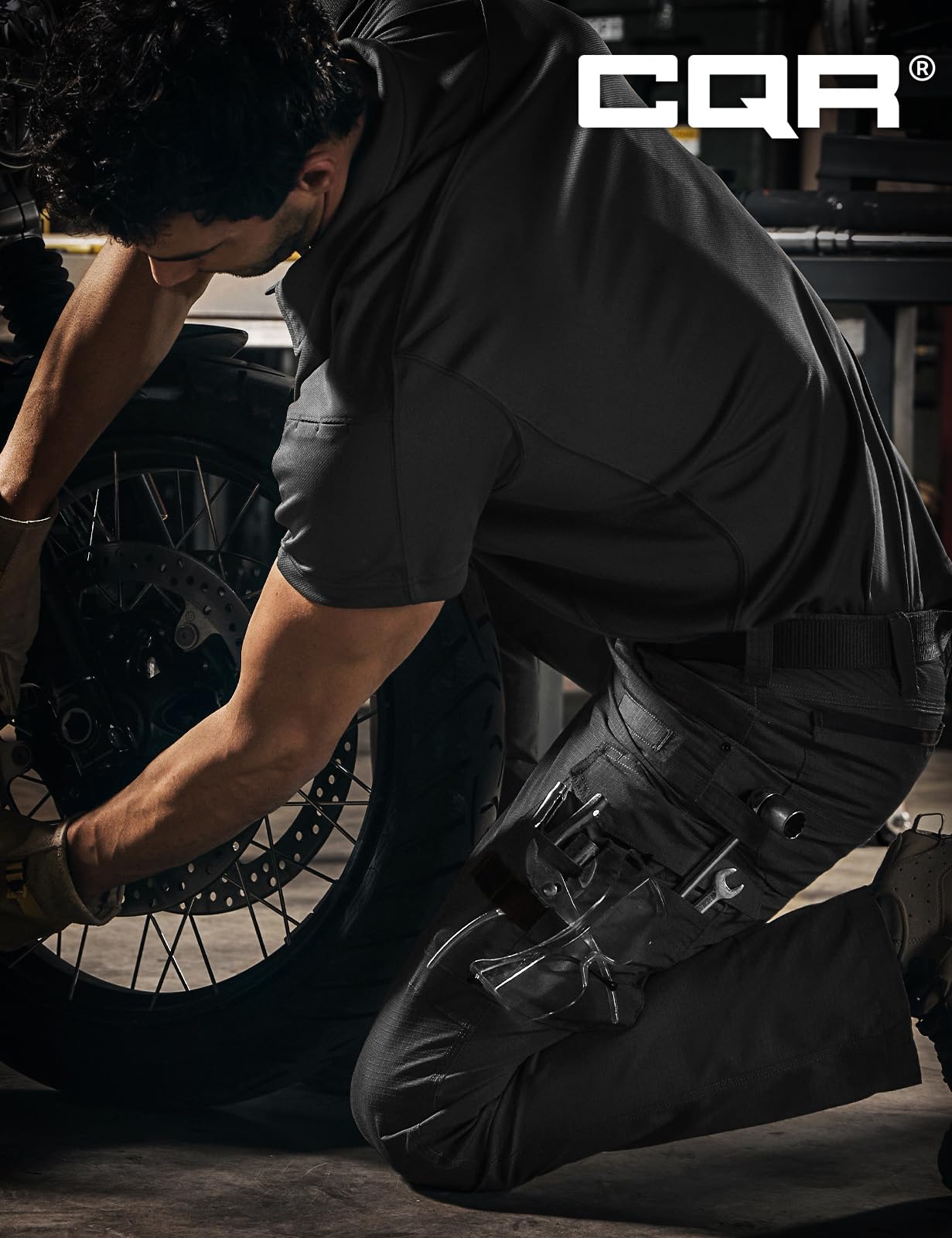 CQR men's quick dry work pants back pocket focuses on convenient stash area.