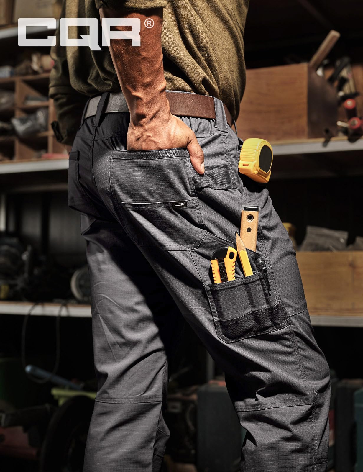CQR men's quick dry work pants back view highlights durable construction
